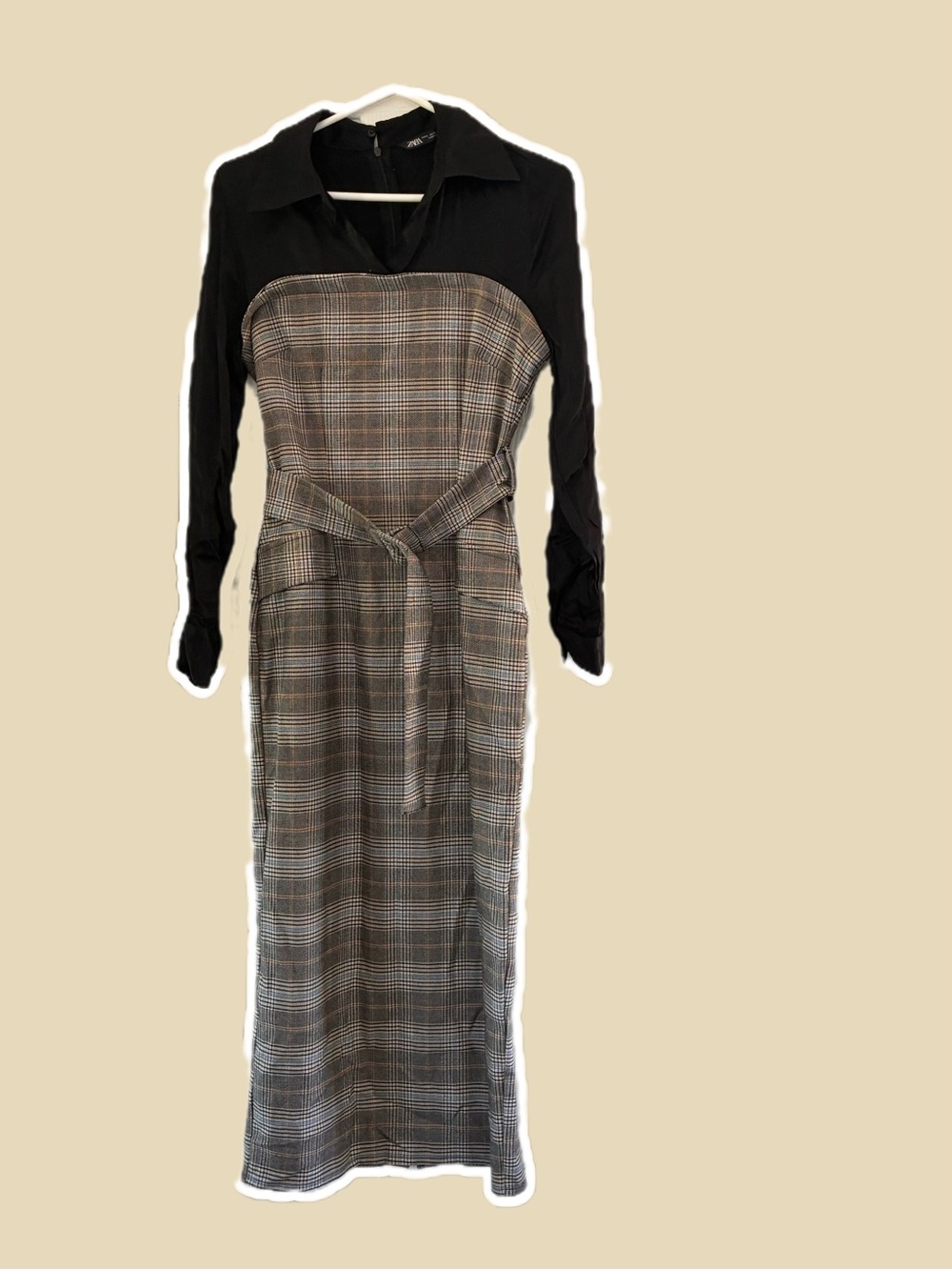Zara Black Long-Sleeve Plaid Strapless-Style Midi Dress